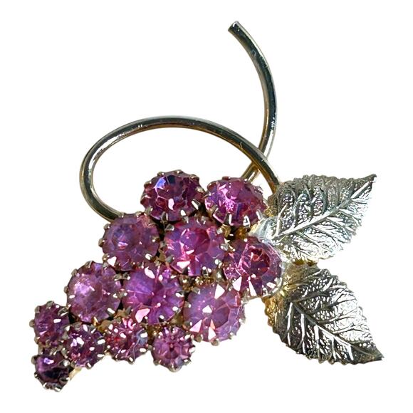 Vintage Midcentury Pink Rhinestones Grapes Cluster Brooch - Picture 3 of 5
